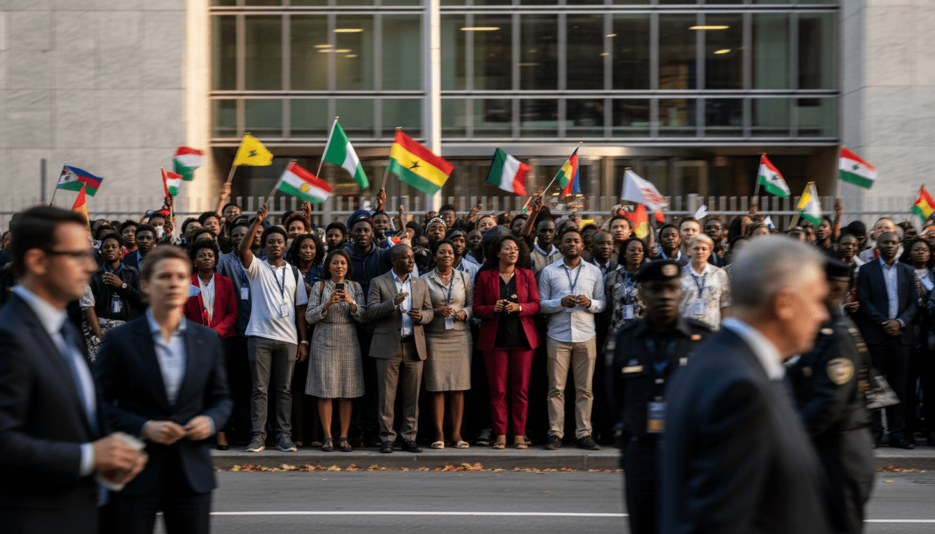 A bustling scene outside the United Nations building as African nations rally behind Zimbabwe for a crucial vote.