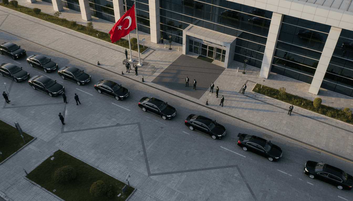 A candid, street-level shot of a motorcade with dark diplomatic vehicles, possibly carrying a dignitary, arriving at a modern convention center in Ankara, Turkey, with security personnel visible in the foreground. The building's facade reflects the clear July sky.