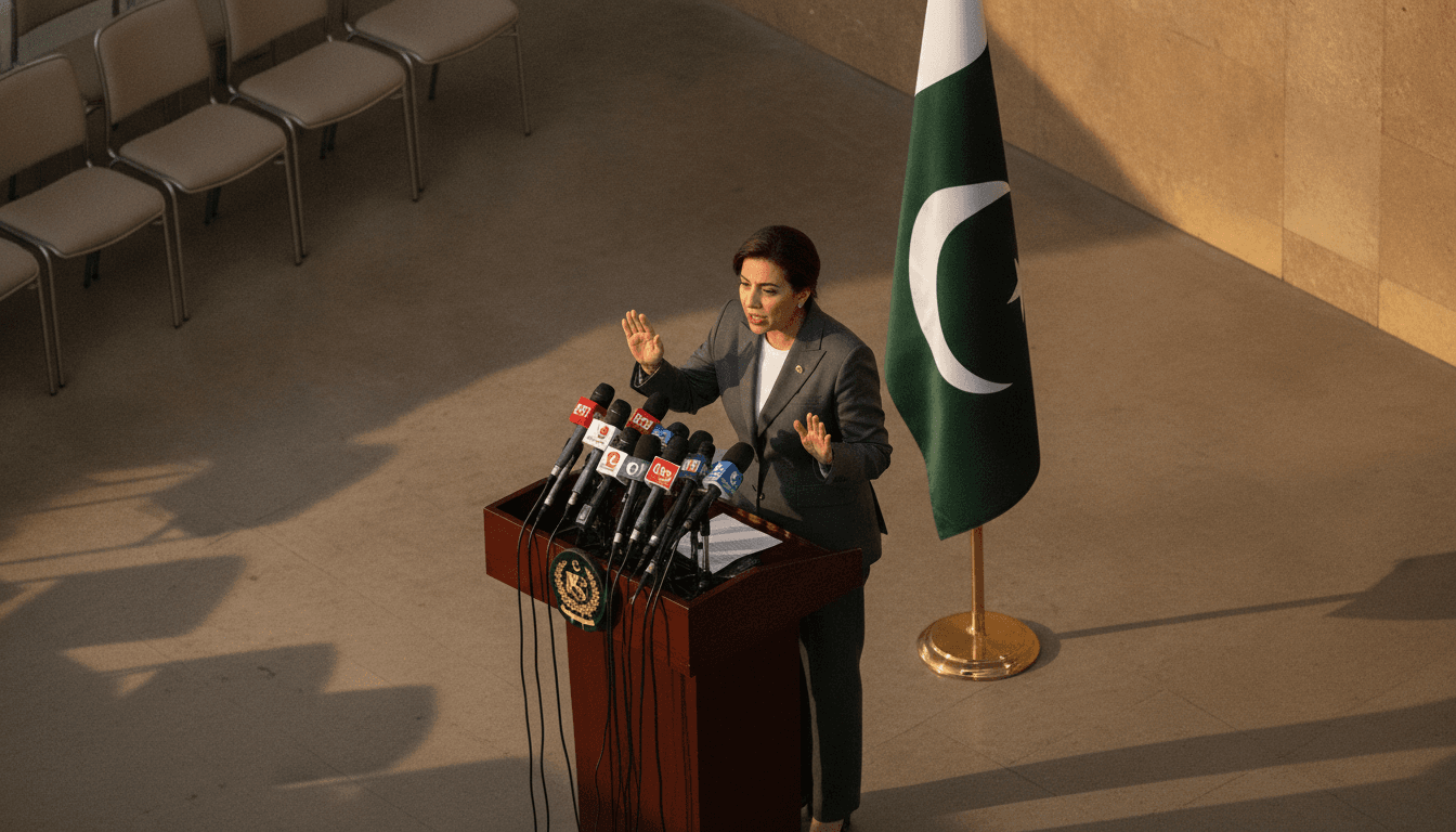 A Pakistani diplomat at a podium, mid-sentence, firmly rejecting Indian remarks on Gilgit-Baltistan elections during a press briefing.