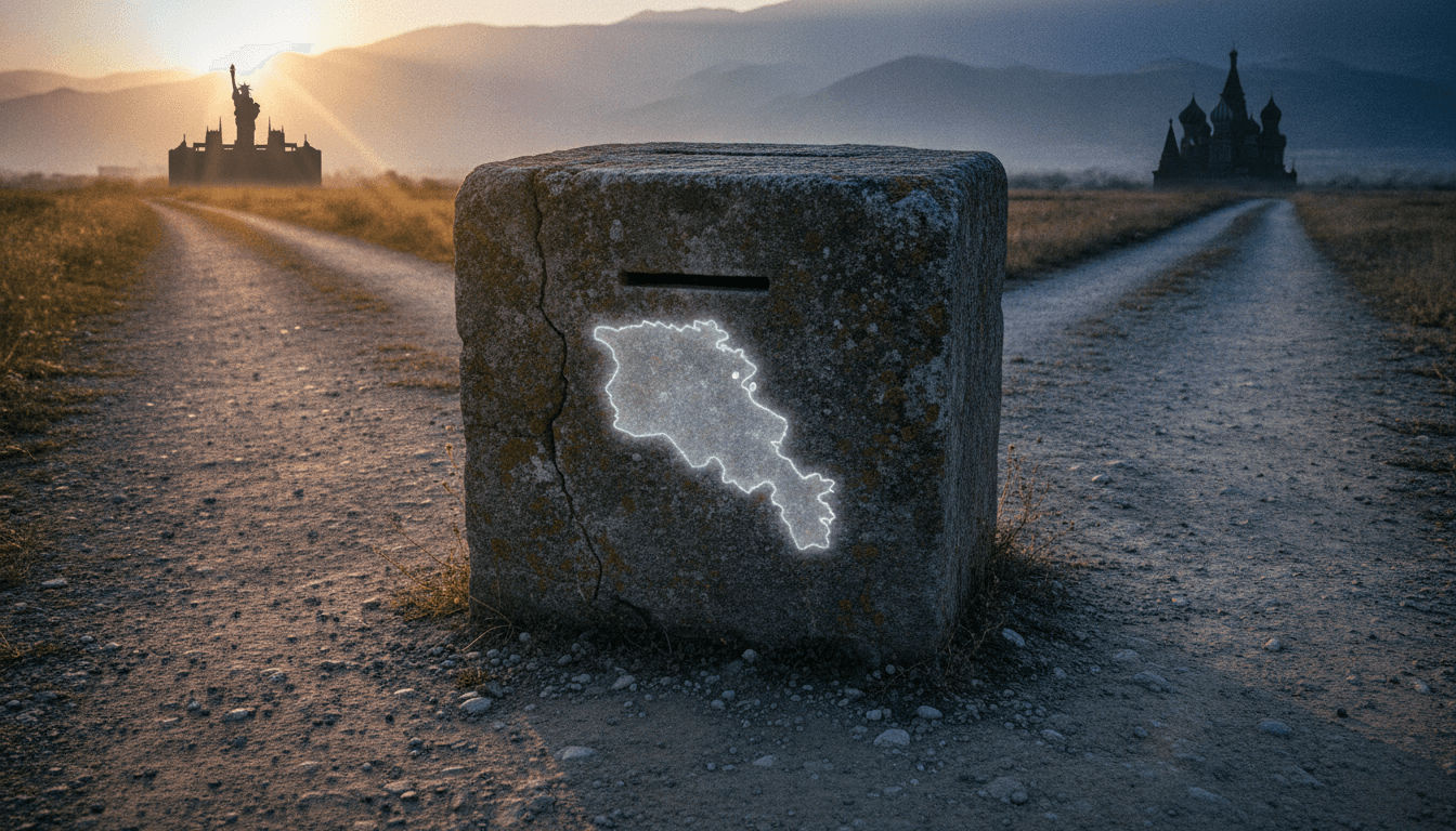 A conceptual image depicting the Armenia election focus, showing a ballot box at a crossroads with signs pointing towards Russia and Europe, under a sky with both storm clouds and clear patches.