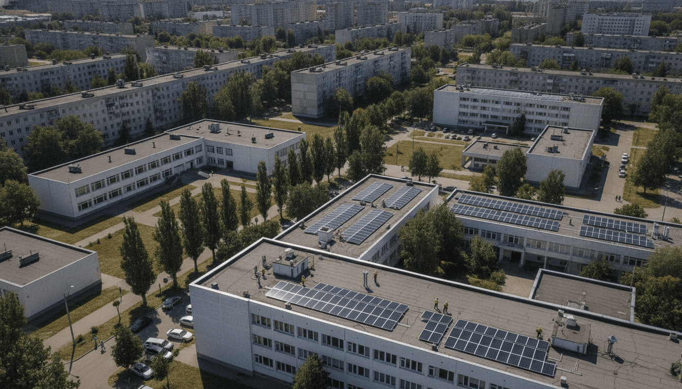 Aerial view of crowd-funded solar panels installed by Ukraine’s first municipal solar cooperative in Slavutych, showcasing Ukraine decentralised renewables.
