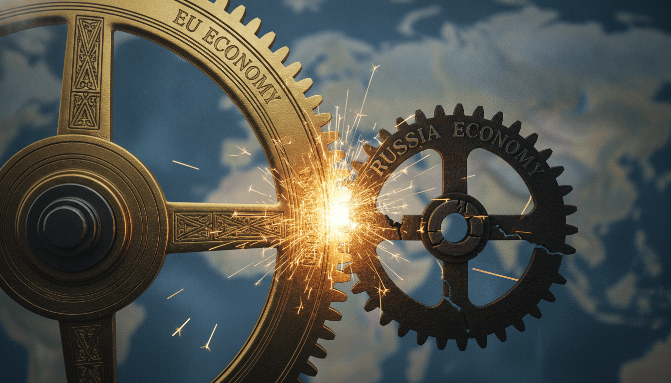A conceptual image illustrating the 21st sanctions push with interlocking gears labeled 'EU Economy' and 'Russia War Economy' grinding against each other, showing friction and resistance.