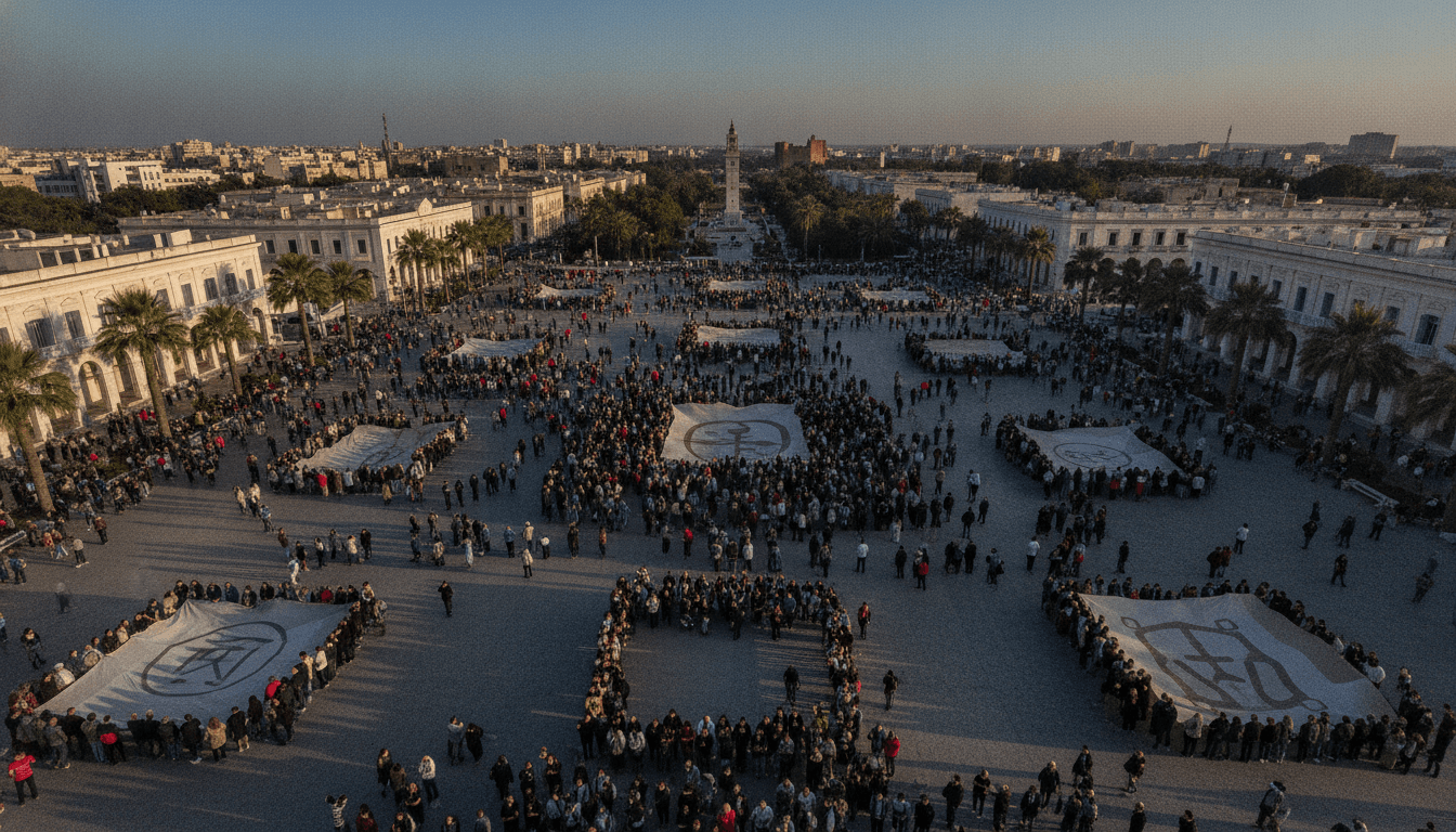 An aerial view showing a large assembly of Tripoli protesters grouping in a public square, with the city's architecture visible around them.