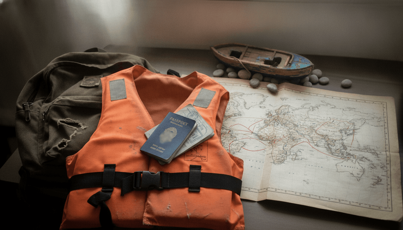 A map showing migration routes from the U.S. border to the Mediterranean, overlaid with images of a life vest and a backpack, symbolizing the Greek Tragedy of the journey.