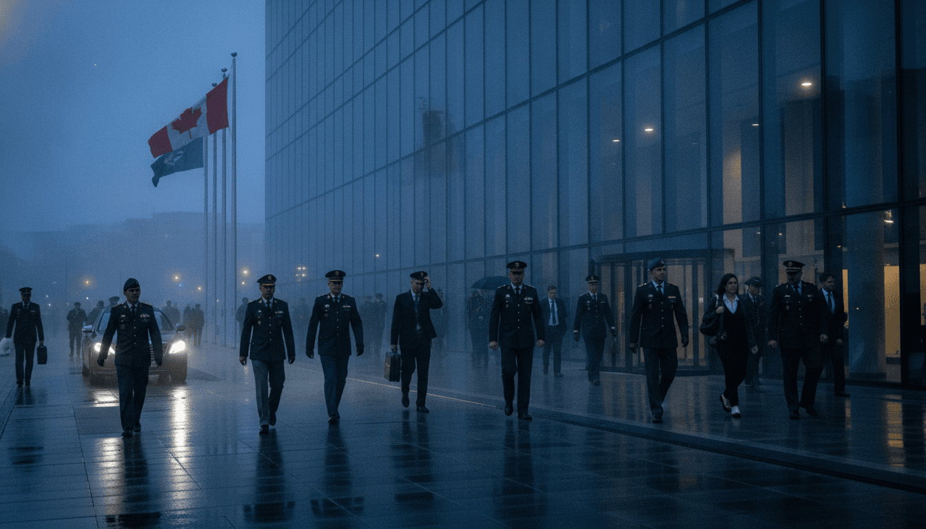 A bustling street scene outside a NATO headquarters building, with military personnel in uniform and civilians walking past, reflecting the news of fewer aircraft, warships being provided by the US.